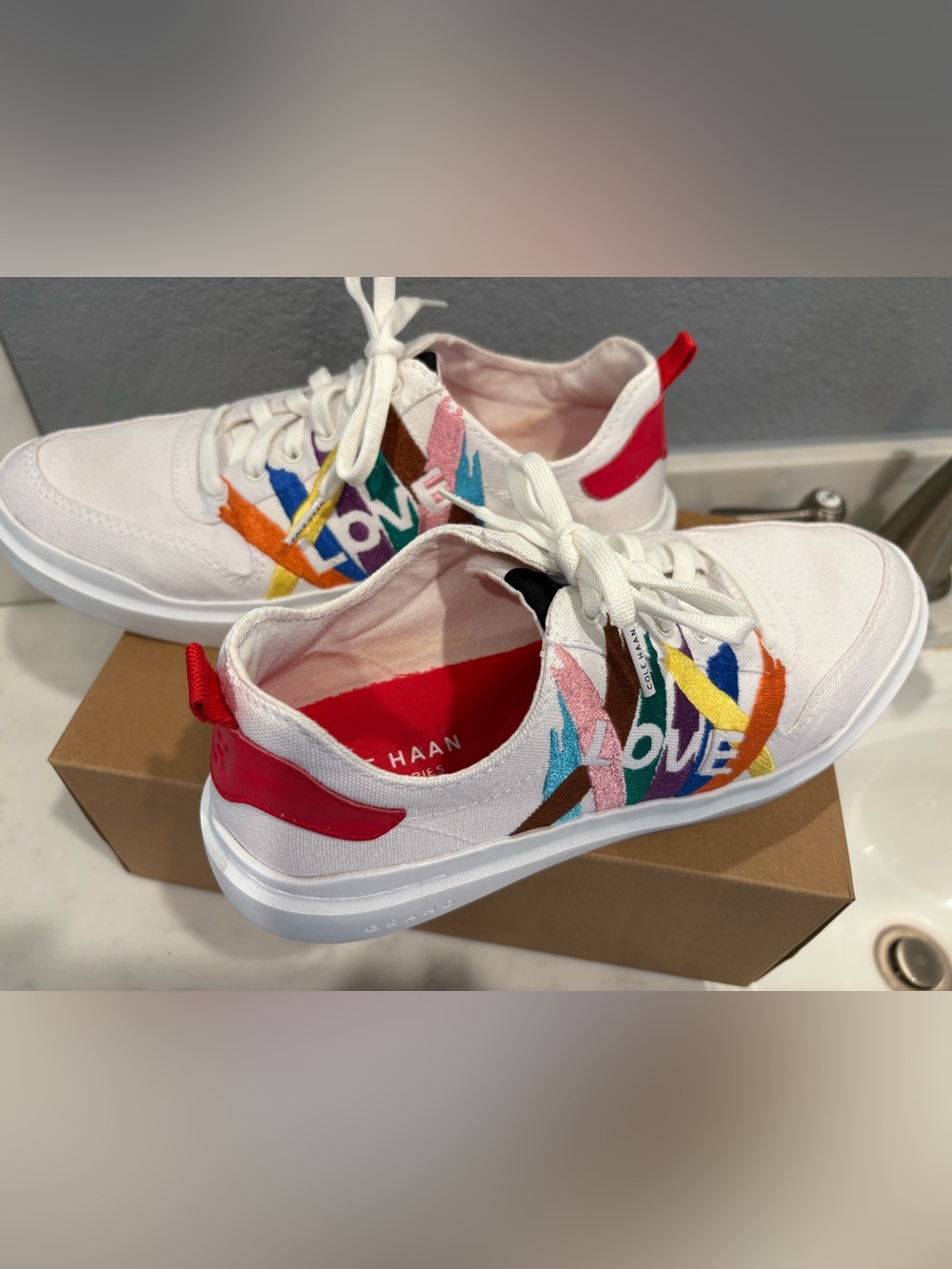 Cole Haan White Canvas Love Sneakers with Multicolor Embroidered Accents